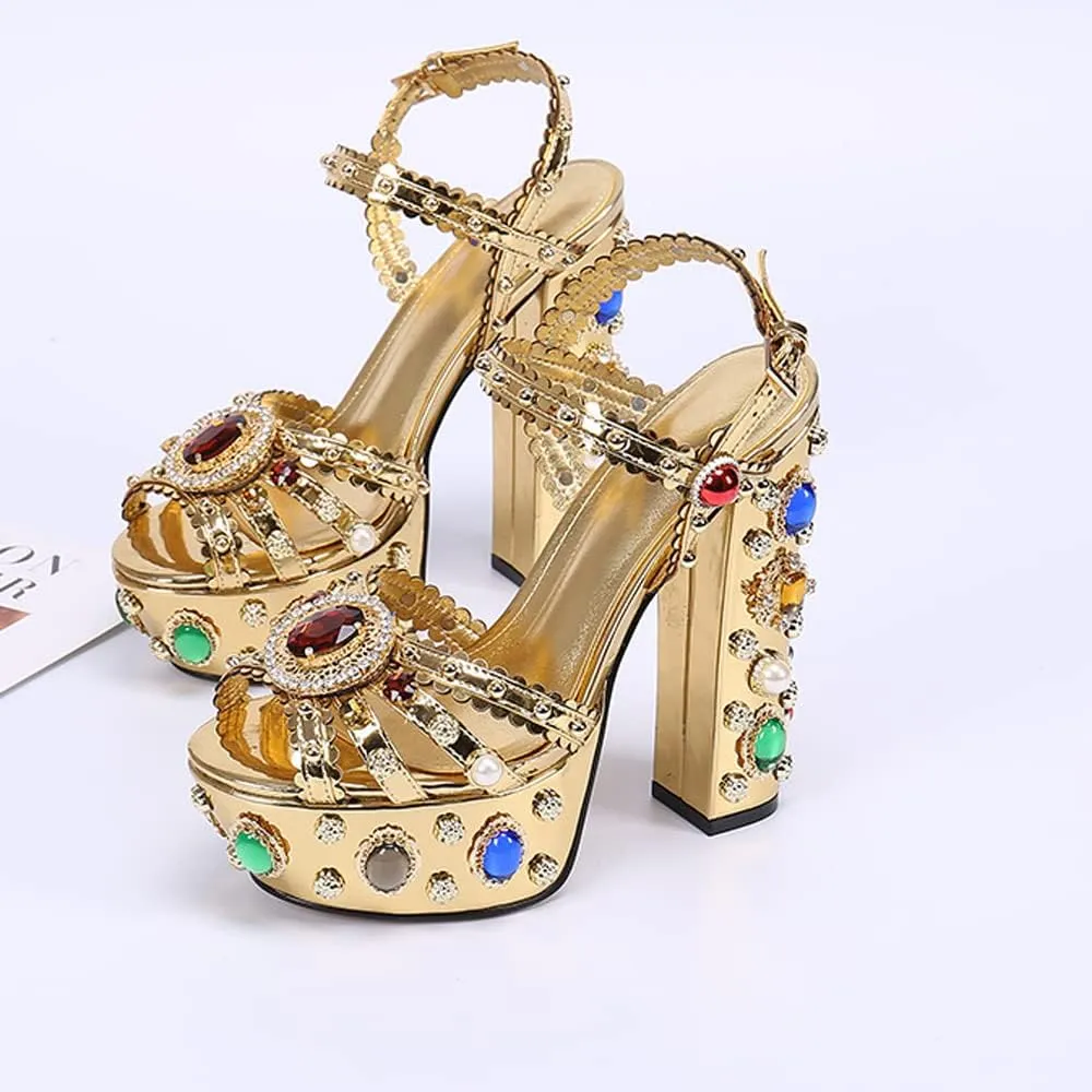 YIYA Women's Gold Metallic Jeweled Ankle Strap Platform Sandal Open Peep Toe Diamond-Studded Shiny Chunky High Heel Nightclub Heels