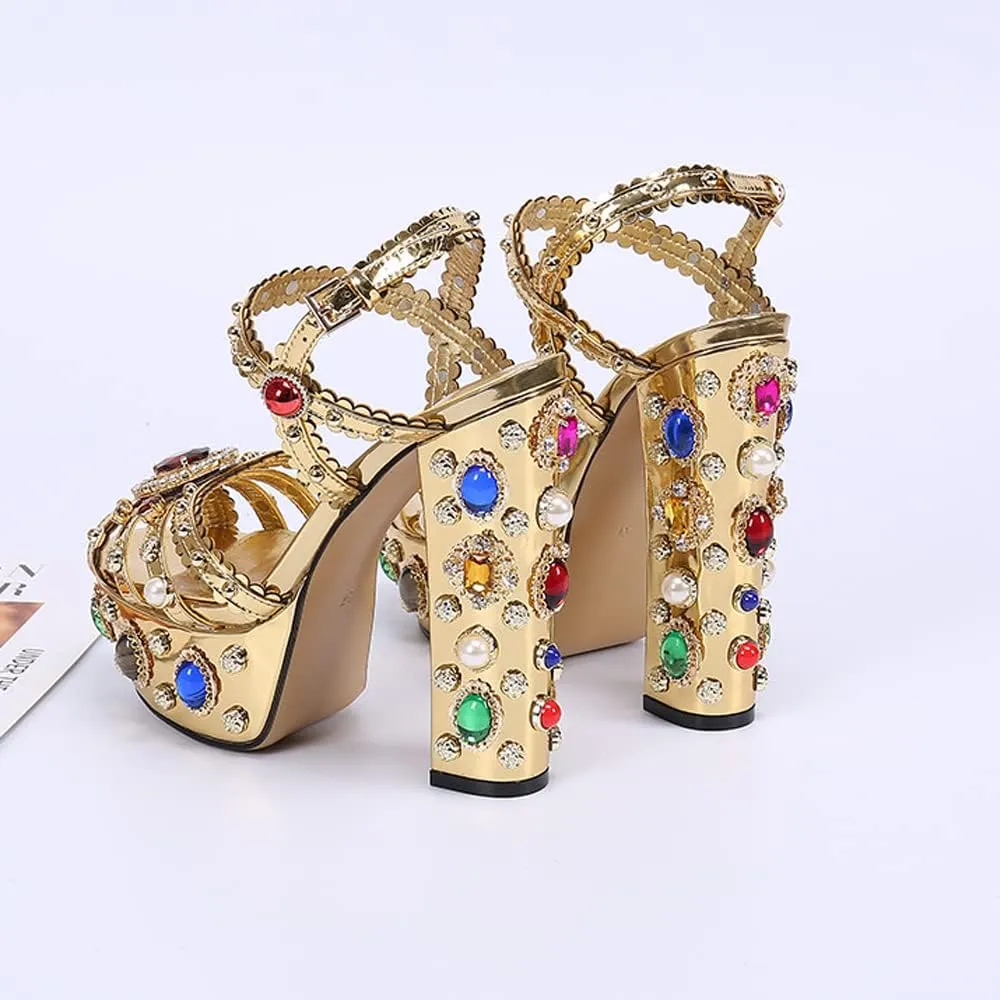 YIYA Women's Gold Metallic Jeweled Ankle Strap Platform Sandal Open Peep Toe Diamond-Studded Shiny Chunky High Heel Nightclub Heels