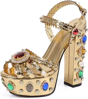 YIYA Women's Gold Metallic Jeweled Ankle Strap Platform Sandal Open Peep Toe Diamond-Studded Shiny Chunky High Heel Nightclub Heels