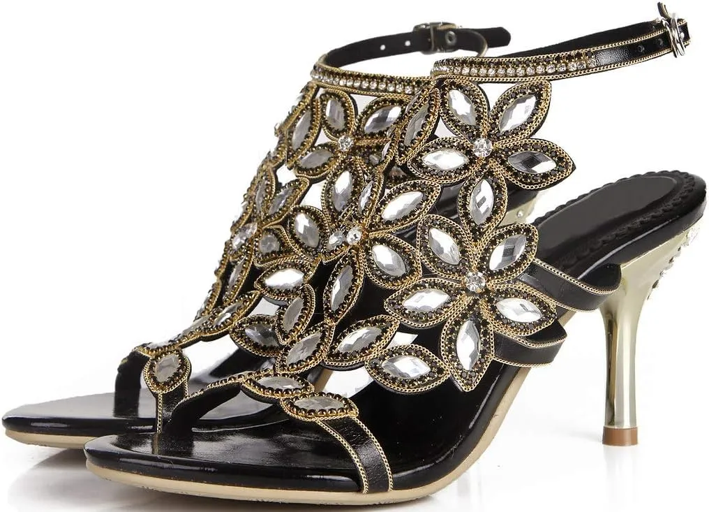 YooPrettyz Women Flowers Strappy Evening Heeled Sandals Caged Slingback Dress Slim Heels