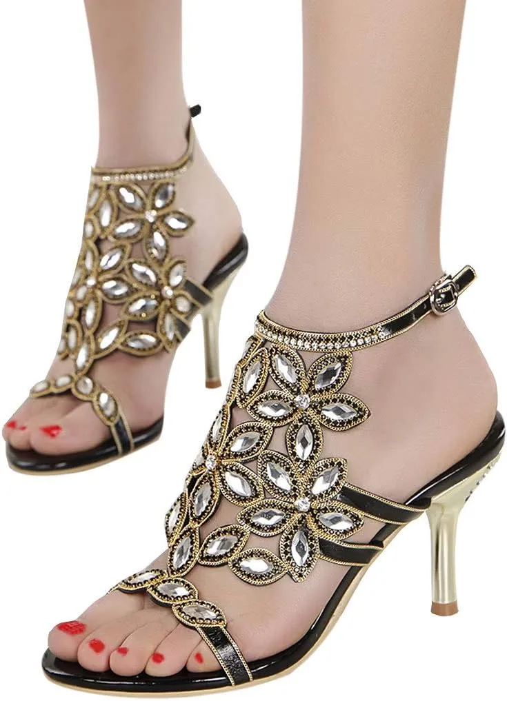 YooPrettyz Women Flowers Strappy Evening Heeled Sandals Caged Slingback Dress Slim Heels