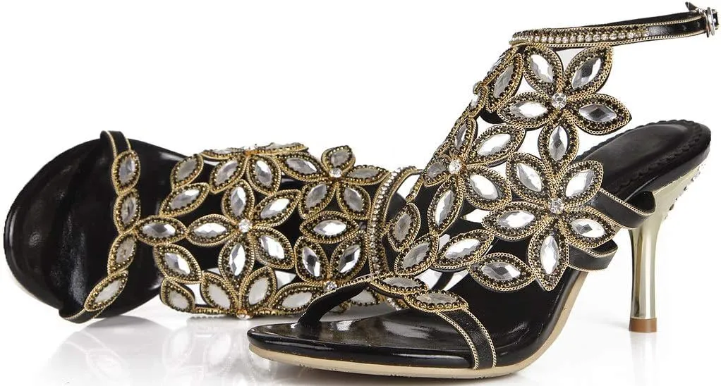 YooPrettyz Women Flowers Strappy Evening Heeled Sandals Caged Slingback Dress Slim Heels