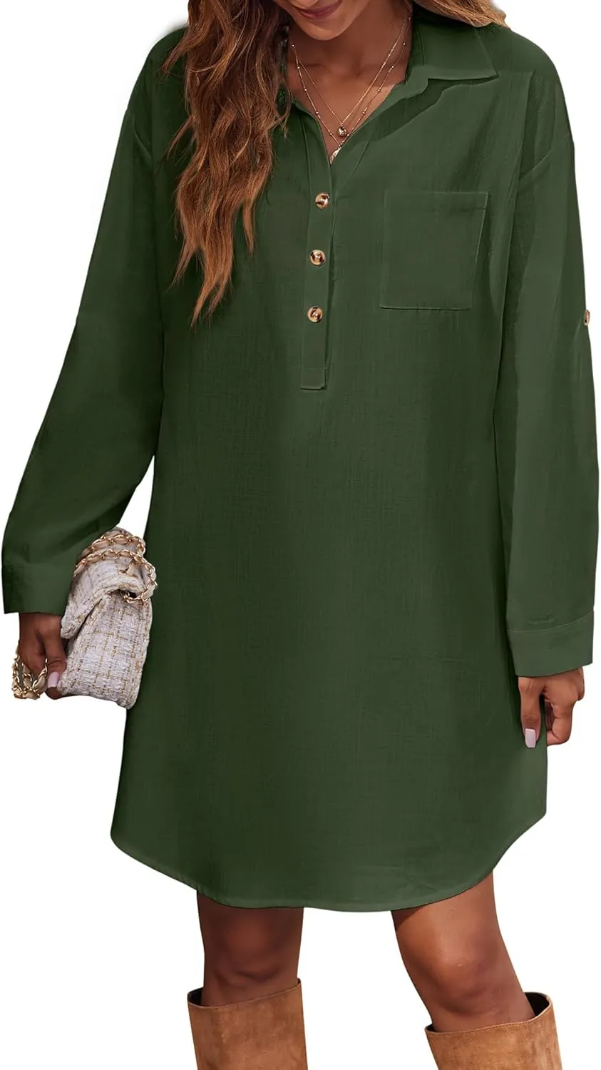 Zeagoo Women Summer Dress Cotton Linen Shirt Dress Button Down Tunic Dress Beach Cover Up Dress