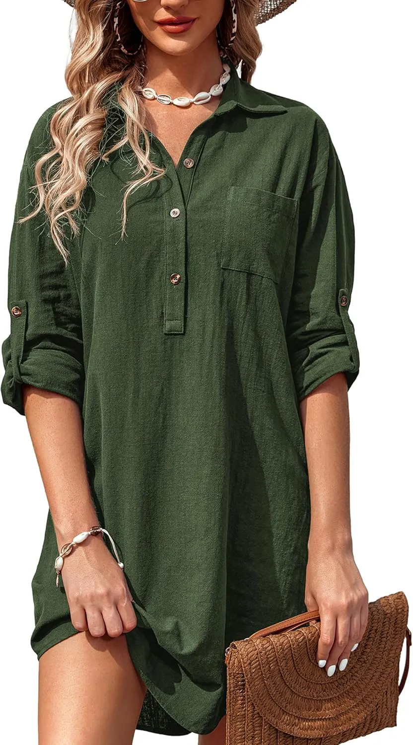 Zeagoo Women Summer Dress Cotton Linen Shirt Dress Button Down Tunic Dress Beach Cover Up Dress