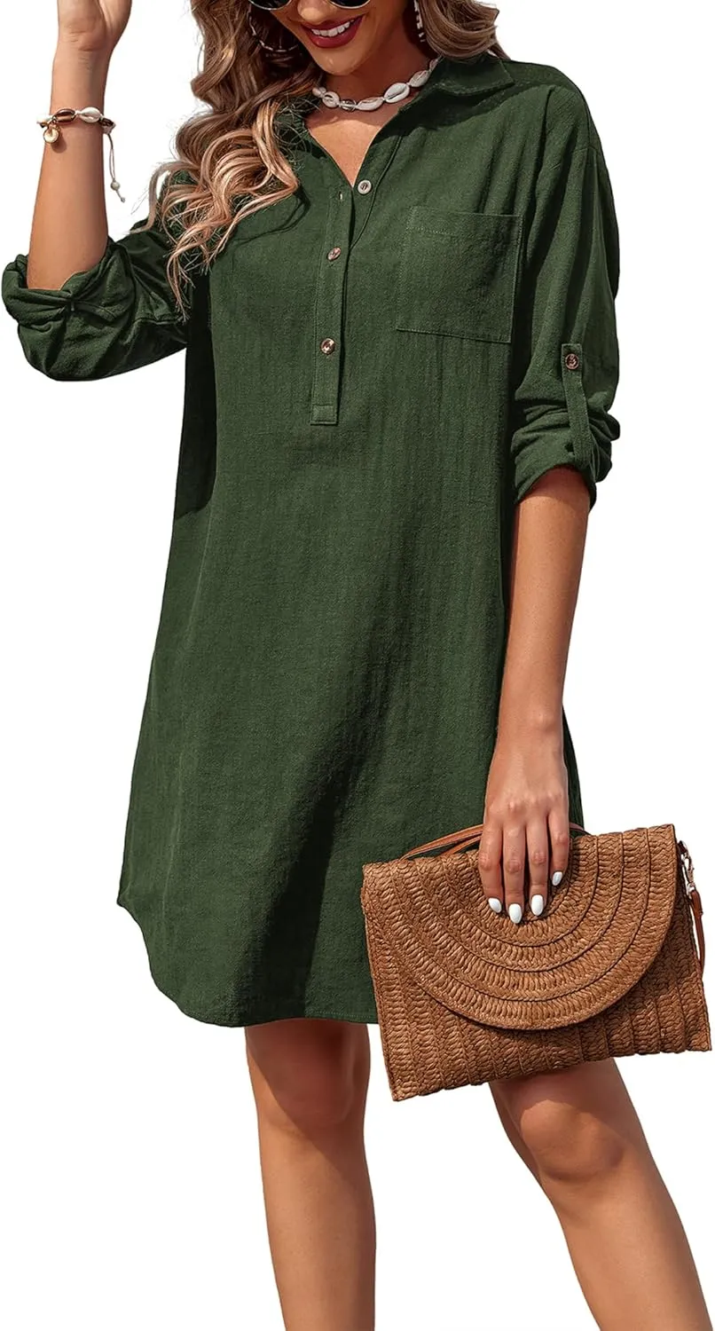 Zeagoo Women Summer Dress Cotton Linen Shirt Dress Button Down Tunic Dress Beach Cover Up Dress