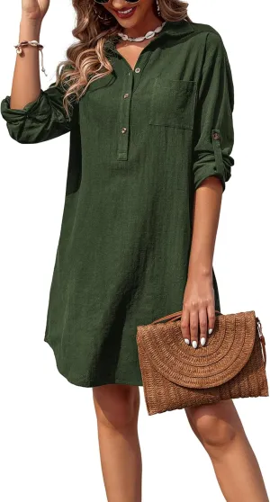 Zeagoo Women Summer Dress Cotton Linen Shirt Dress Button Down Tunic Dress Beach Cover Up Dress