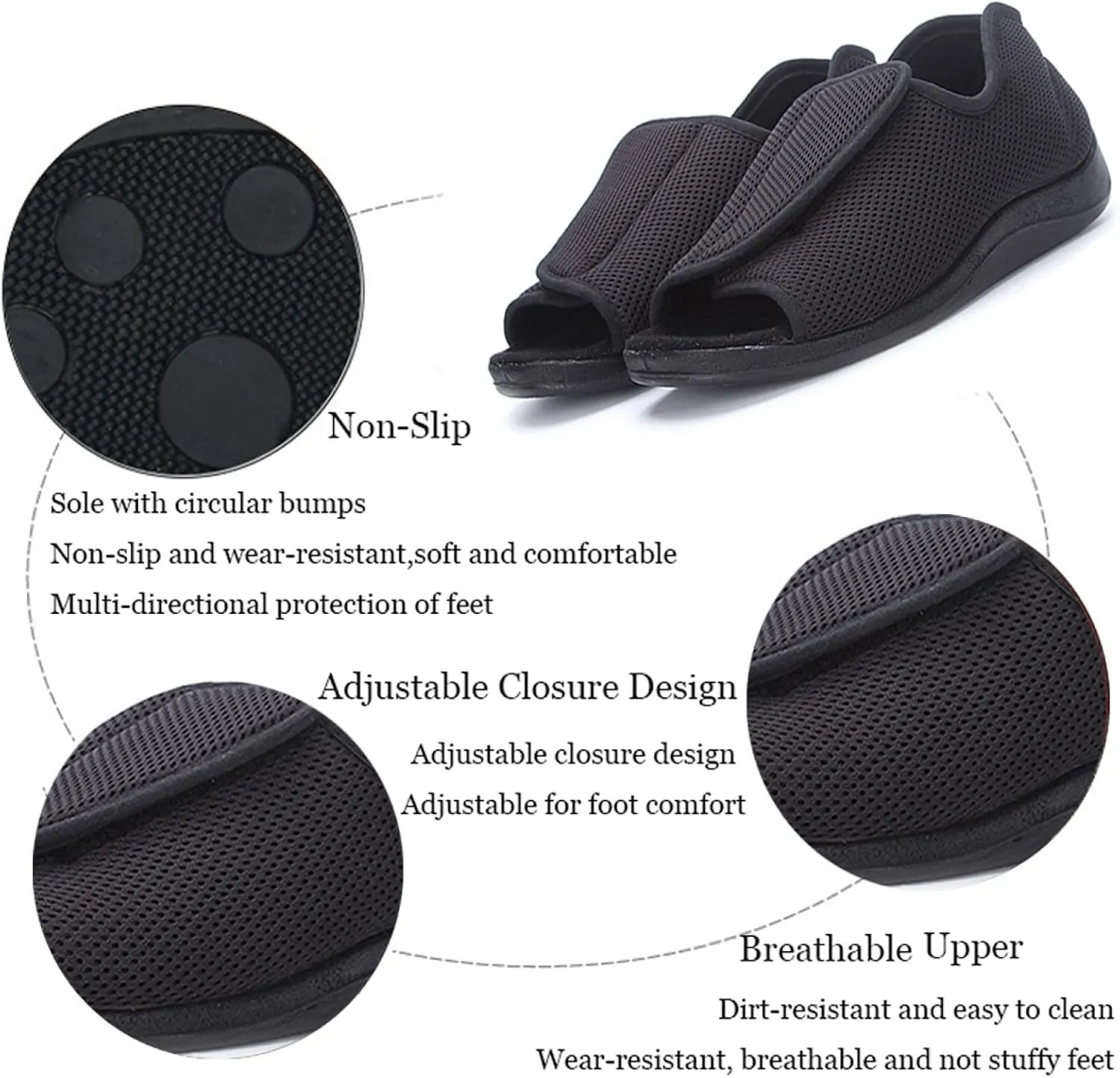 ZXAY Adjustable Arthritis Edema Slippers for Elderly Women,Summer Extra Wide Open Toe Sandals, Adjustable Arthritis Edema Slippers for Seniors,Black,46