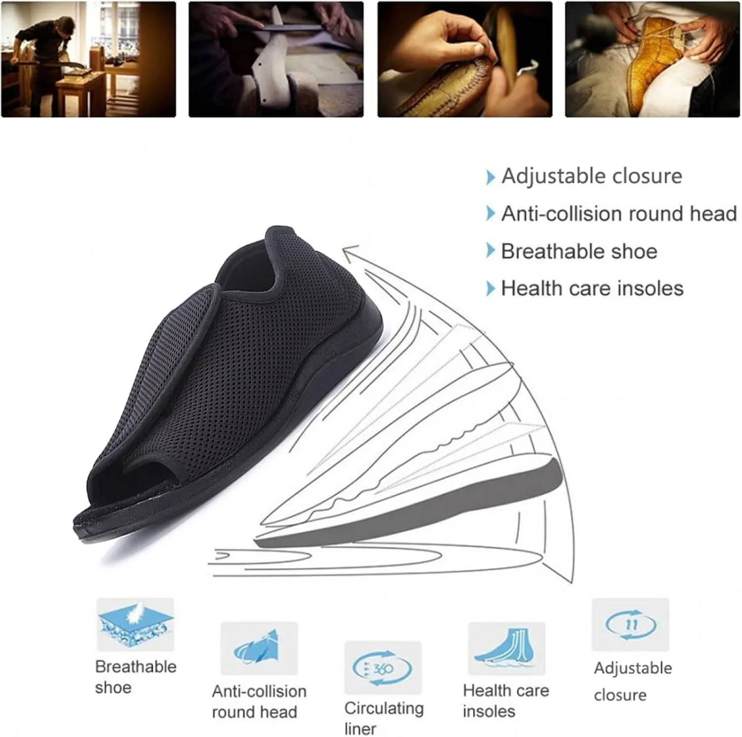 ZXAY Adjustable Arthritis Edema Slippers for Elderly Women,Summer Extra Wide Open Toe Sandals, Adjustable Arthritis Edema Slippers for Seniors,Black,46