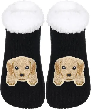 ZYZX Dog Pattern Slipper Socks with Grips Winter Knit Fleece-lined Warm Cute Fuzzy Socks Non Slip Cozy Soft Funny Fluffy House Socks Gifts