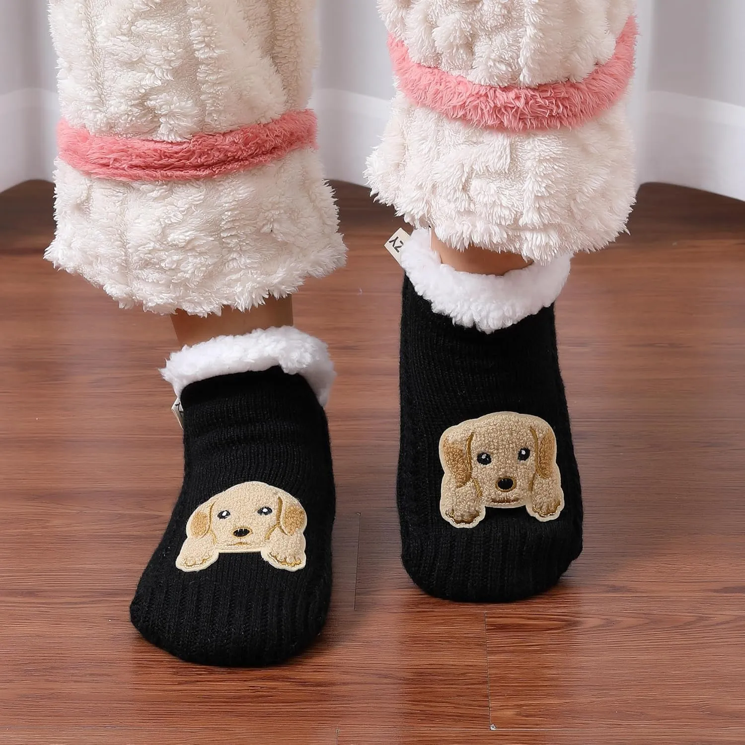 ZYZX Dog Pattern Slipper Socks with Grips Winter Knit Fleece-lined Warm Cute Fuzzy Socks Non Slip Cozy Soft Funny Fluffy House Socks Gifts