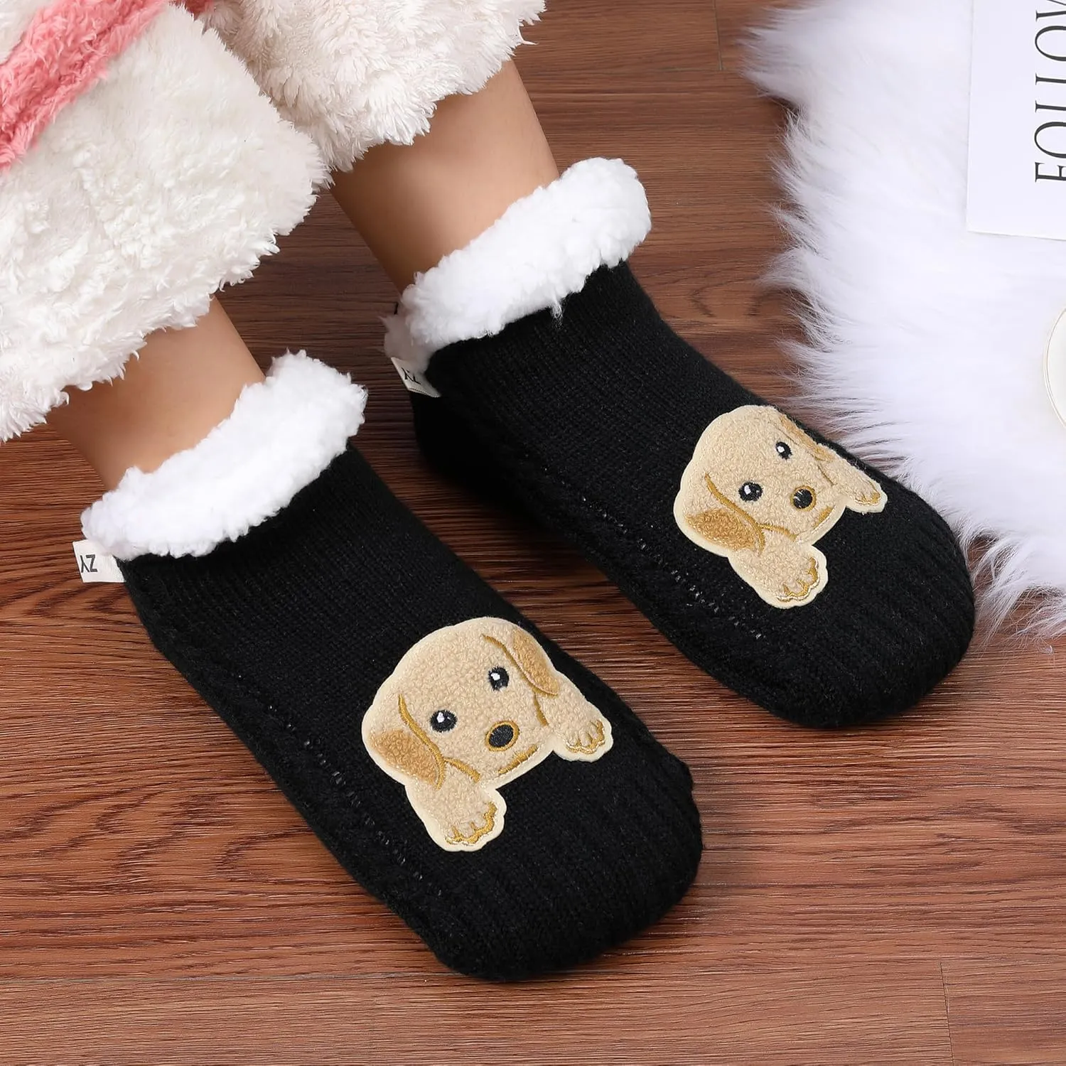 ZYZX Dog Pattern Slipper Socks with Grips Winter Knit Fleece-lined Warm Cute Fuzzy Socks Non Slip Cozy Soft Funny Fluffy House Socks Gifts